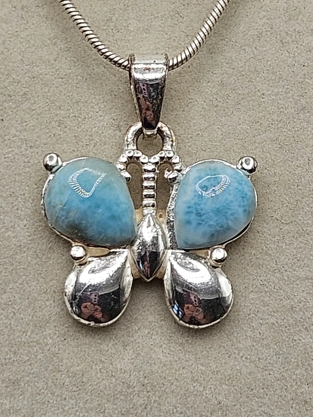 VINTAGE Sterling Silver 925 Larimar Butterfly Pendant Snake Chain Necklace